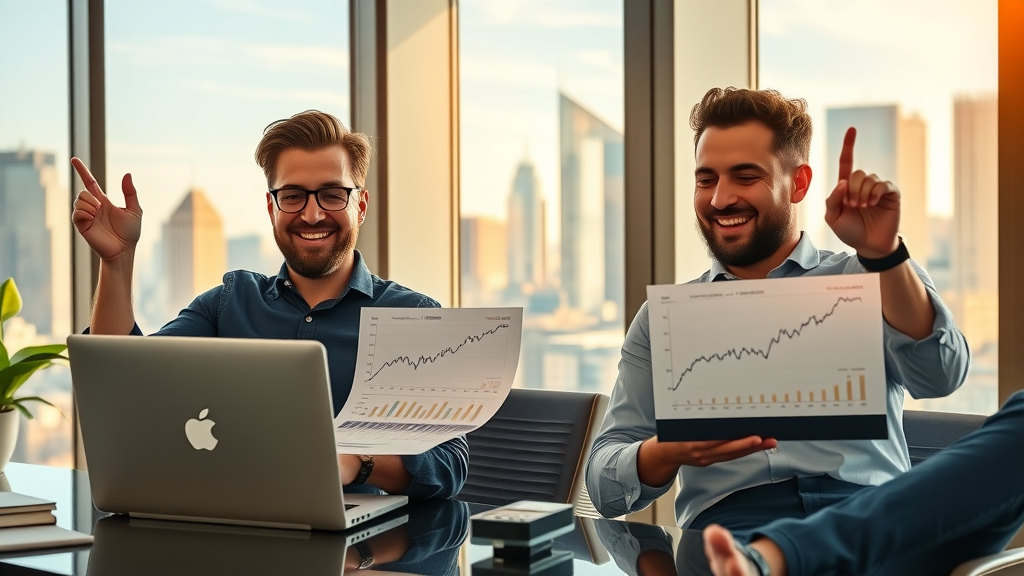 entrepreneurs celebrating revenue growth from media site presence