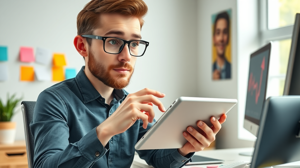 Focused marketer planning media posts for business media site benefits