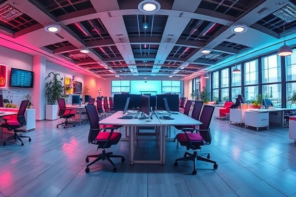 ergonomic flexibility design, seamless, optimizing for user comfort, photorealistic, open-concept workspace with adjustable furniture and ambient soundscapes, highly detailed, transforming furniture interacting perfectly, high definition resolution, colorful accents, soft glowlights, shot with a fisheye lens.