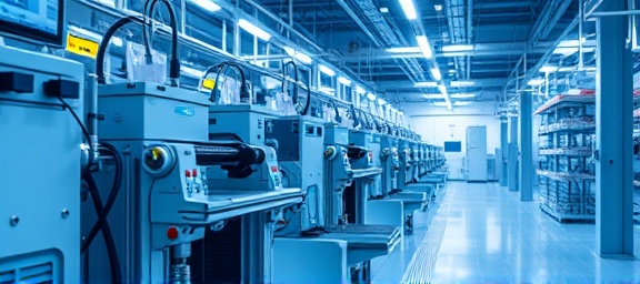 cutting-edge flexibility innovation, inspired, revolutionizing processes, photorealistic, advanced lab with state-of-the-art equipment and whirring devices, highly detailed, evolving machinery reconfiguring itself, crystal clear image quality, blue and silver palette, cool fluorescent lighting, shot with a telephoto lens.
