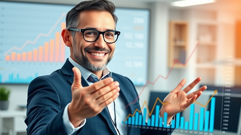 Infographic showing a business owner with local marketing analytics data, demonstrating local marketing ideas for small business