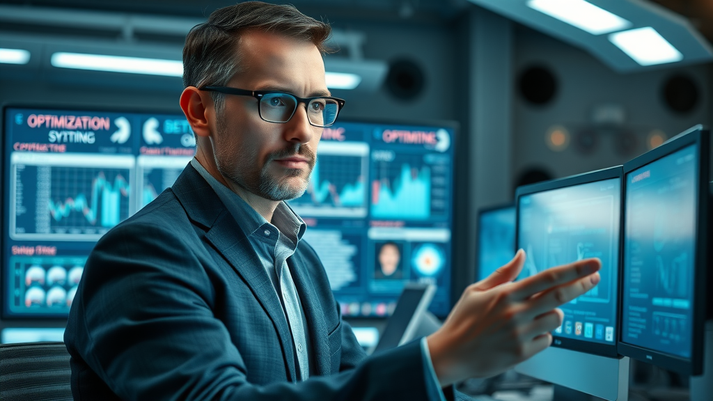 sleek artificial intelligence interface optimizing digital content, confident marketer analyzing search results, optimization tool, ai content, seo content