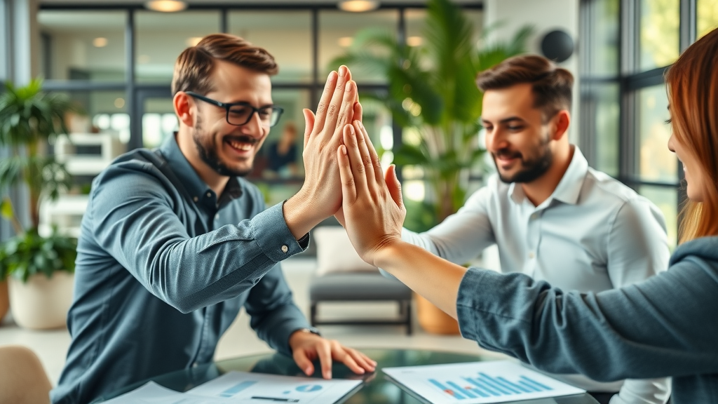 collaborative business team high-fiving over a digital workspace with charts and documents