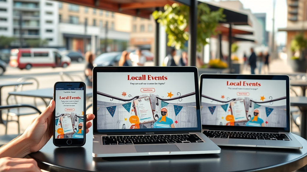 Local digital ads shown on multiple devices for local events and businesses, displayed in an urban café setting