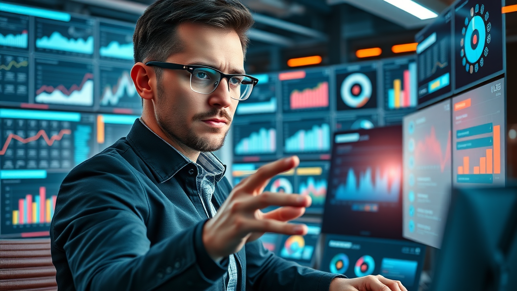 Media site marketing strategy checklist, marketer switching dashboards, integrating content, social media, and ad platforms, futuristic high-tech workspace