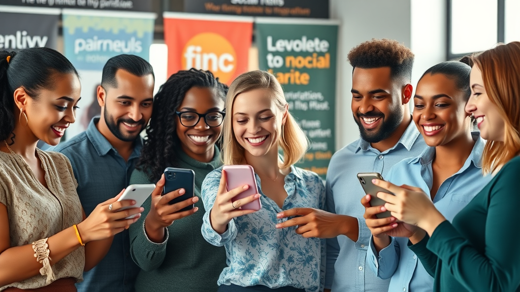 Diverse small business marketers using smartphones for social media event marketing campaign