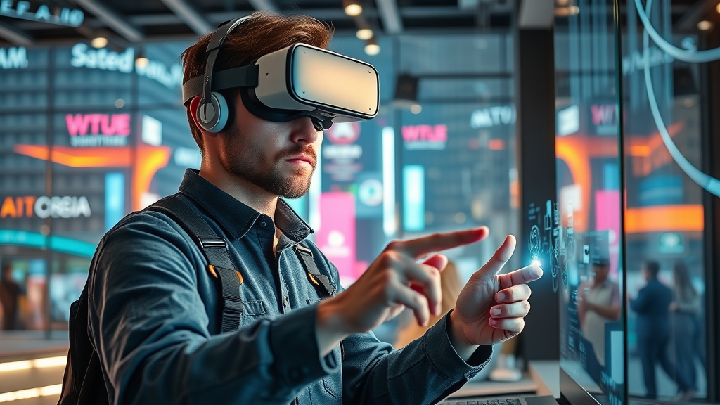 social media marketing local futuristic small business tech-savvy owner using AI tools and VR interface