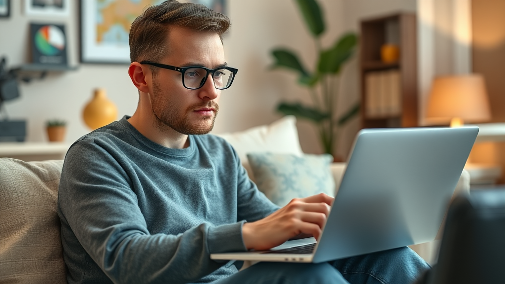 Content creator comparing AI tool features on a laptop with interactive charts, in a cozy tech-filled workspace, photorealistic and highly detailed
