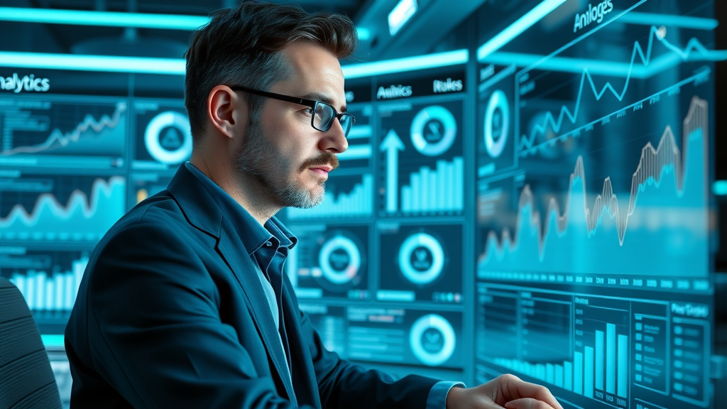 Analytical business owner reviewing blog analytics dashboard for small business blogging strategies