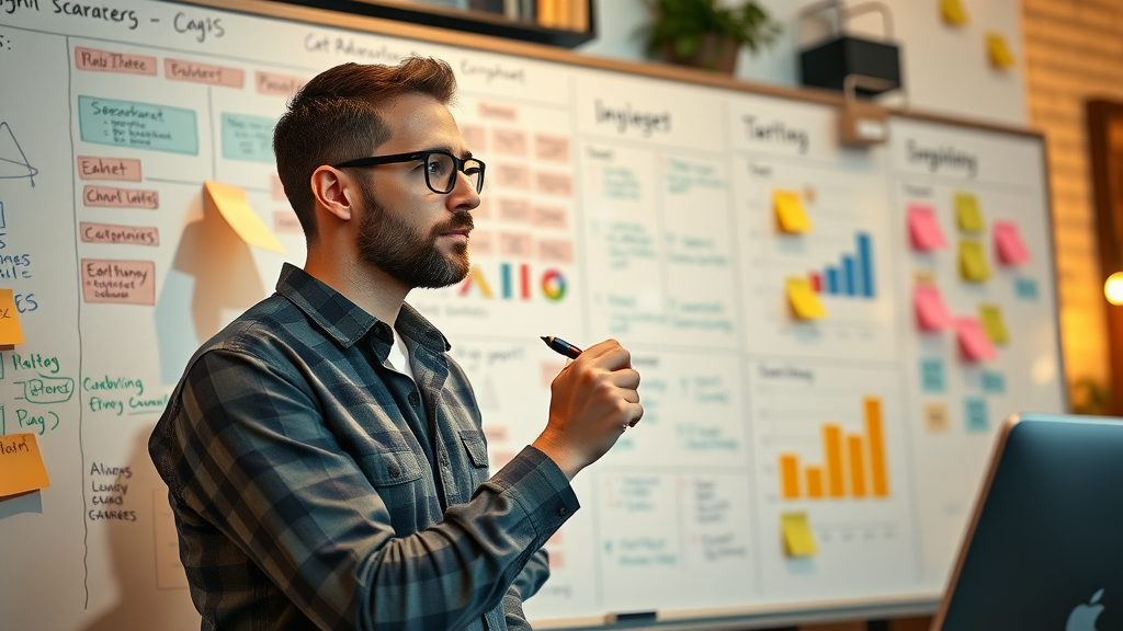 dedicated entrepreneur writing a marketing strategy for small business promotion on a whiteboard