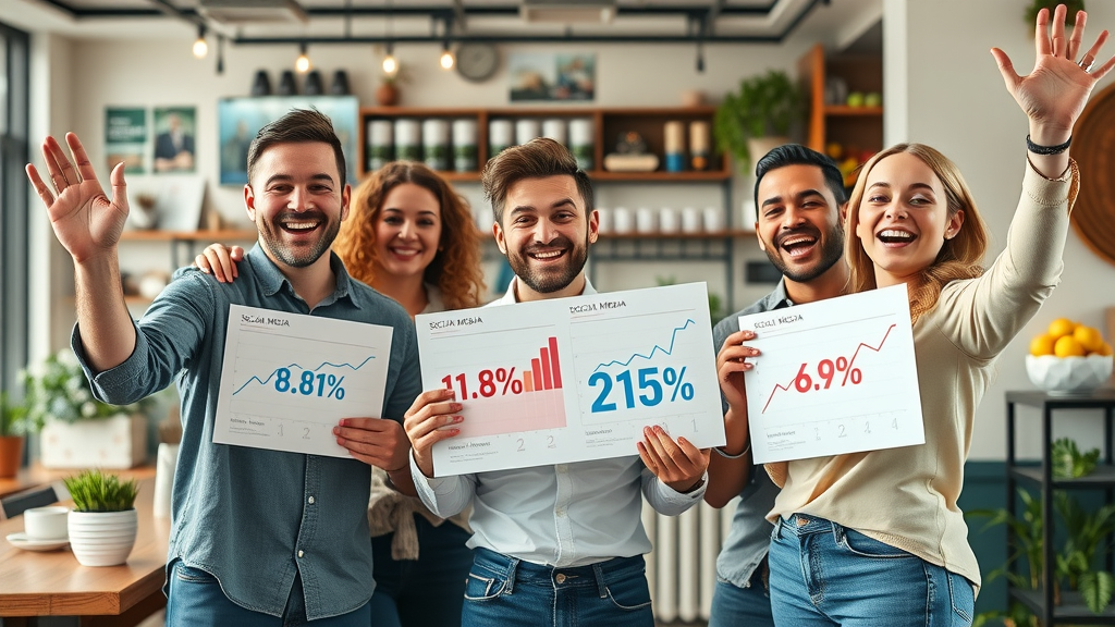 thriving small business team celebrating success with social media metrics charts, boutique environment with campaign images