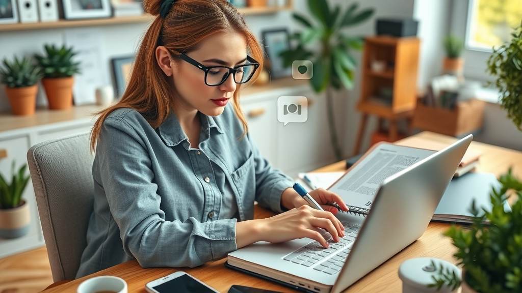 blogger planning social media promotion for blogs in a vibrant workspace, surrounded by digital devices and social media icons