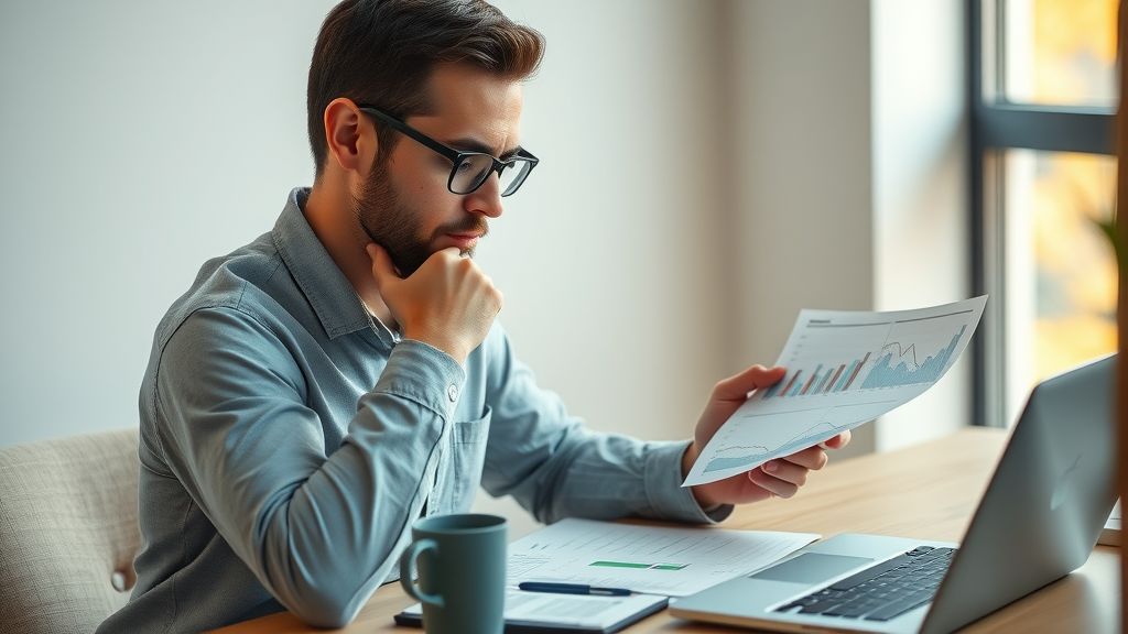 Thoughtful entrepreneur analyzing target audience and customer data at a minimal desk.
