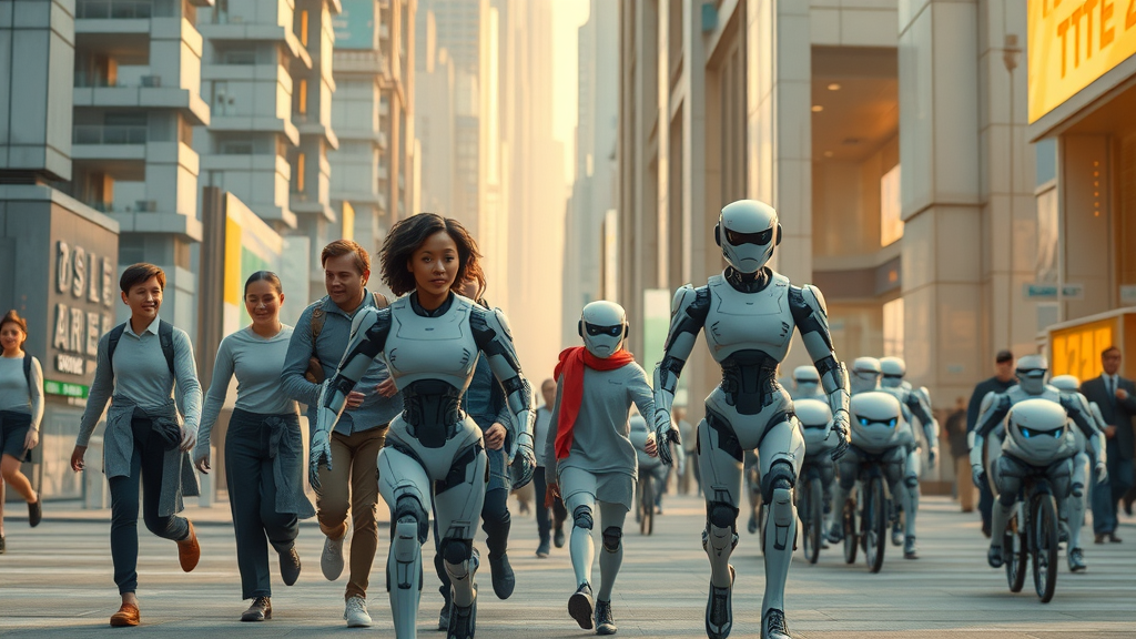 futuristic city with humans and animated ai, collaborative intelligence future trends