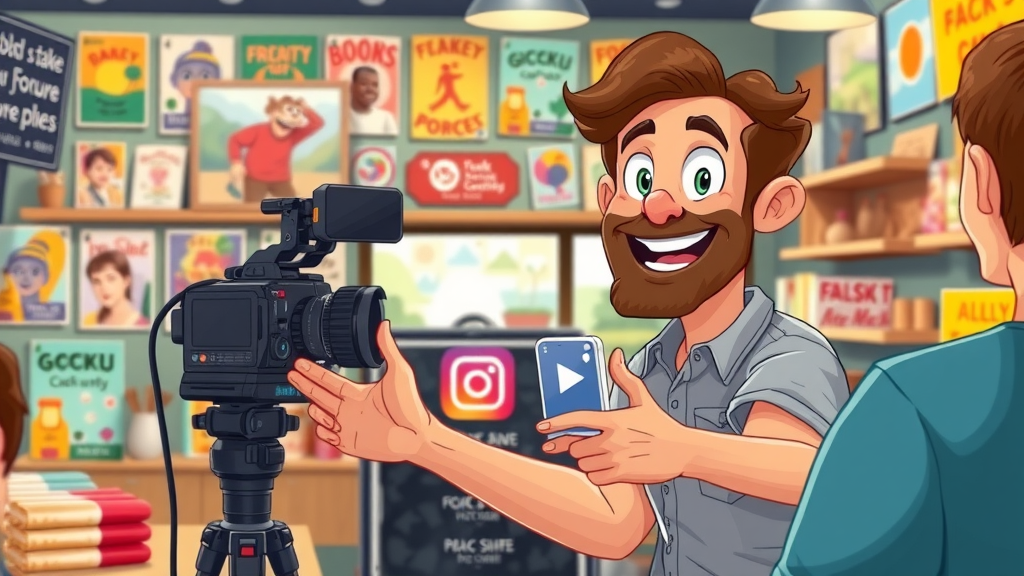 energetic local business owner filming social media video, local marketing strategies, interacting with audience, colorful shop interior, expressive and vibrant, community posters, direct lighting