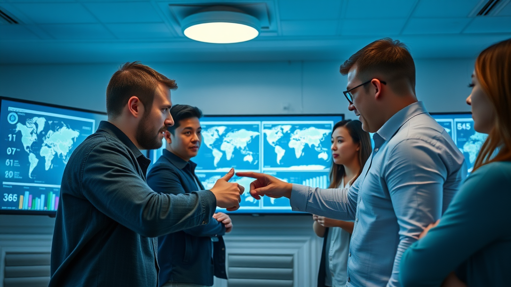 Digital ad marketing team studying target audience and local market dynamics using digital maps and demographic charts for a targeted advertising local campaign