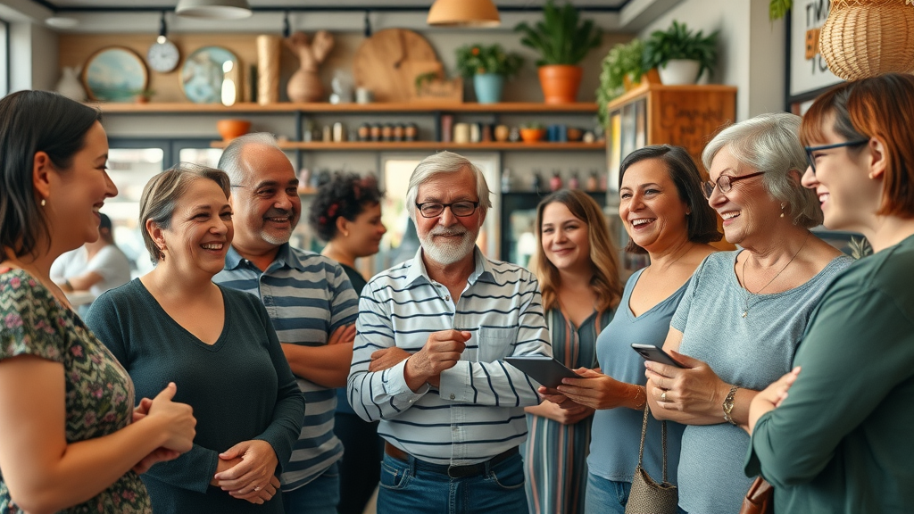 diverse group of local customers engaged in small business, local marketing strategies, authentic interactions, vibrant retail interior, community focus, ambient light
