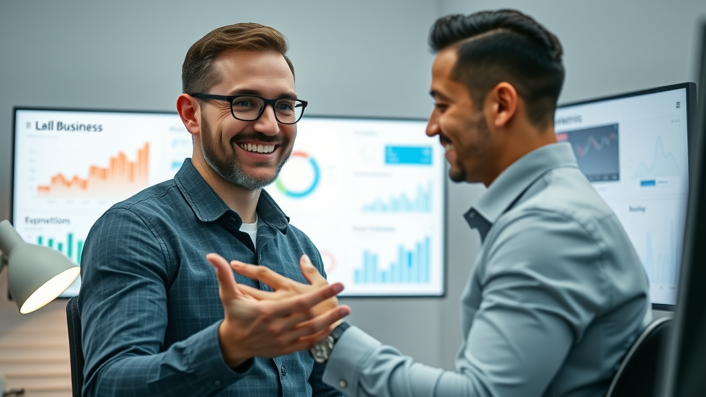 Professional marketing consultant guiding a small business owner through a digital marketing dashboard with analytics and supportive gestures
