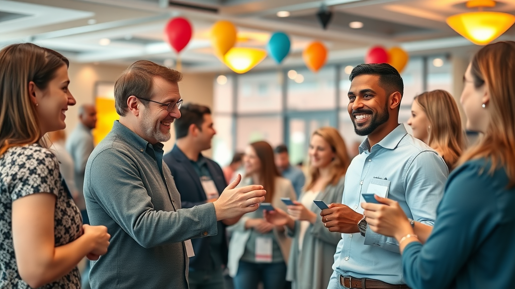Small business owners networking and exchanging local citations for local SEO tips at a community event