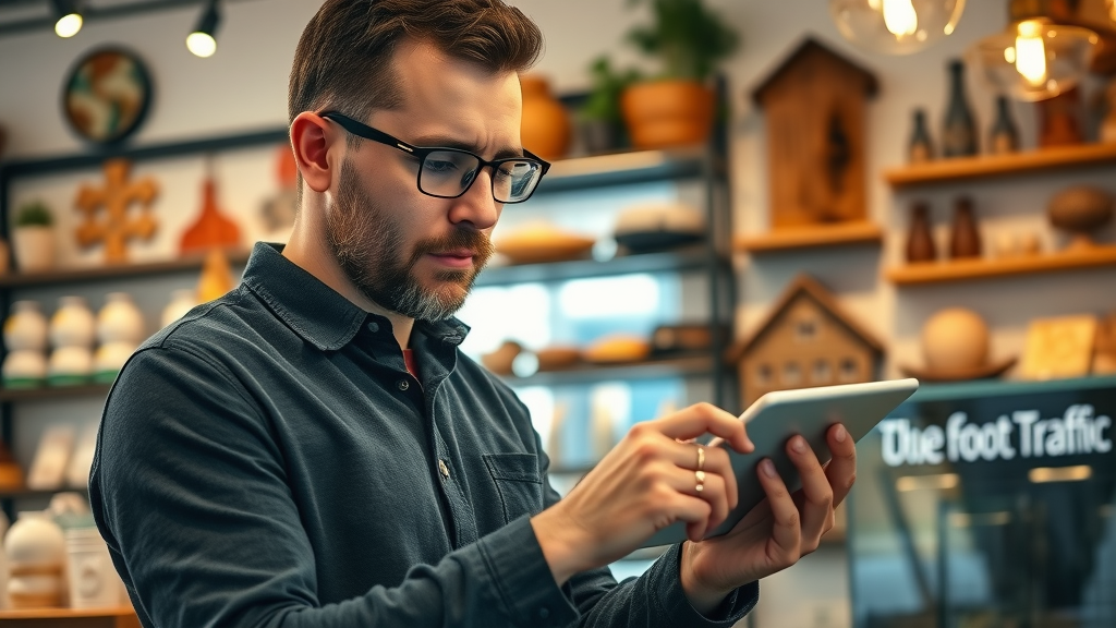 Business owner reviews foot traffic analytics from a targeted advertising local digital dashboard inside a decorated shop
