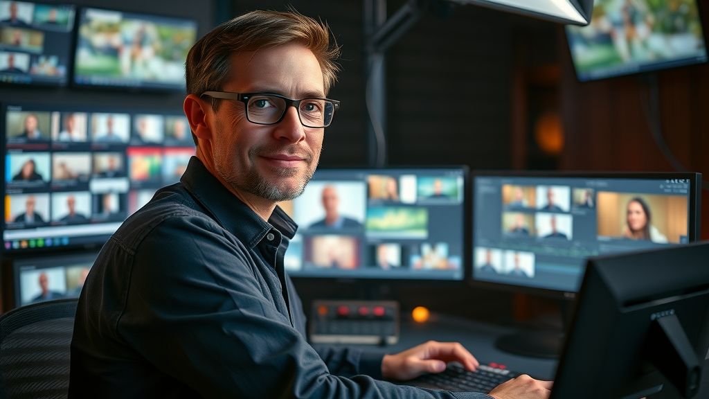 tech-savvy marketer repurposing blog content into video and audio formats for social media promotion