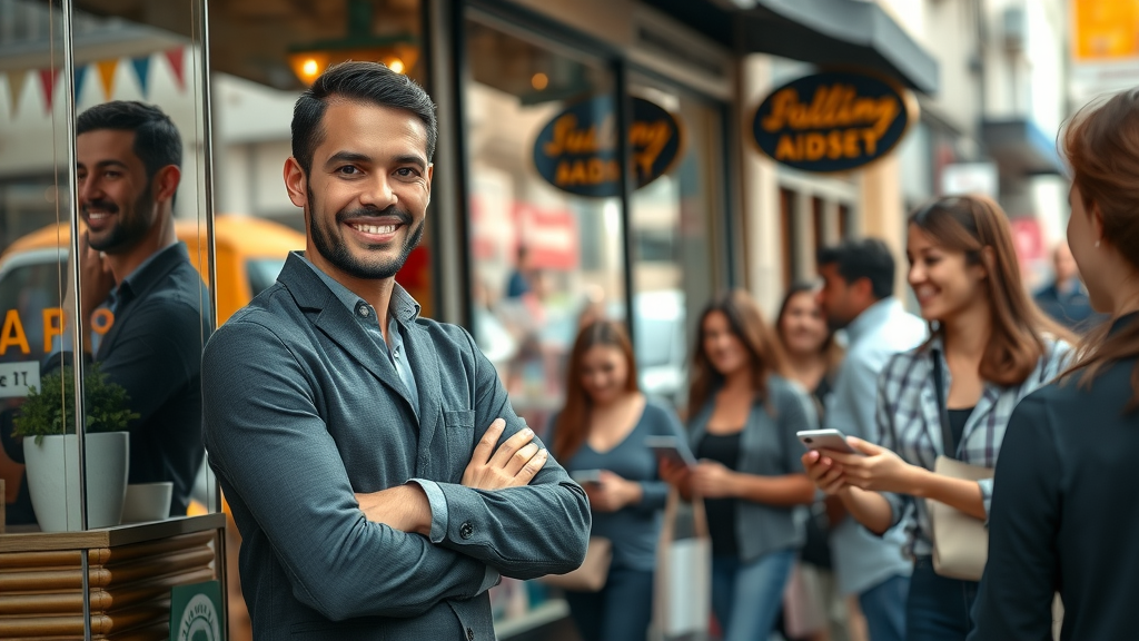 Confident business owner greeting customers with effective local SEO tips, bustling urban storefront scene