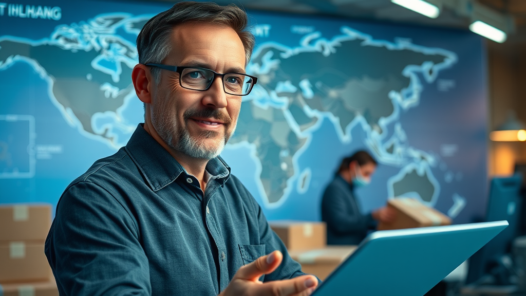 Small business owner overseeing global shipments, representing international growth fueled by digital marketing channels