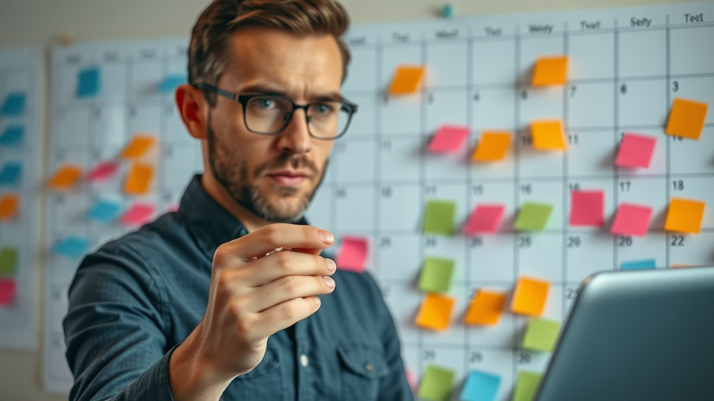 Strategic content planner arranging editorial calendar for small business blog audience.