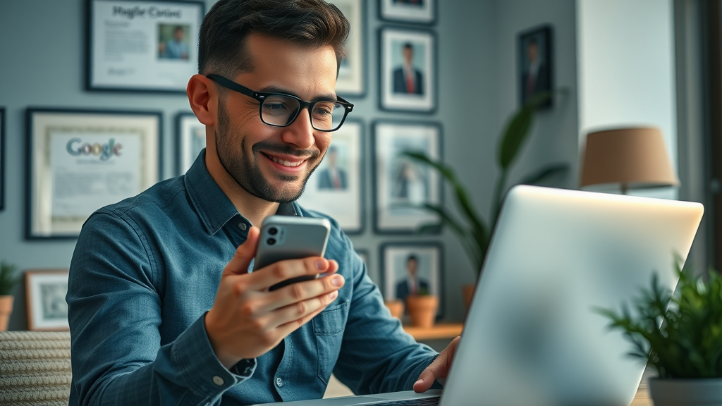 business owner optimizing google business profile for local marketing strategies, digital workspace, highly detailed, satisfied owner, certificates in background, soft indoor light