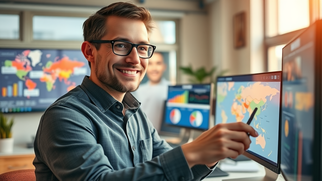 engaged small business owner targeting online ads, selecting demographics, vibrant data overlays, online advertising benefits