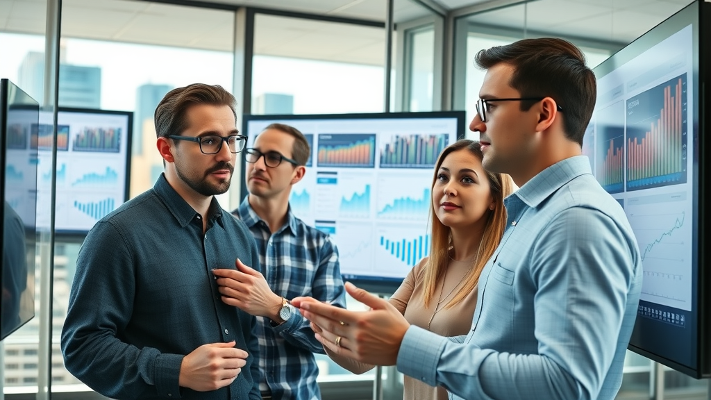 insightful marketing team in modern office focused on social media marketing data analytics, vibrant charts, glass walls, city skyline
