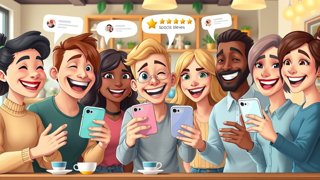 Diverse group sharing user-generated content, joyful expressions, posting about their experiences on social media in a lively coffee shop.