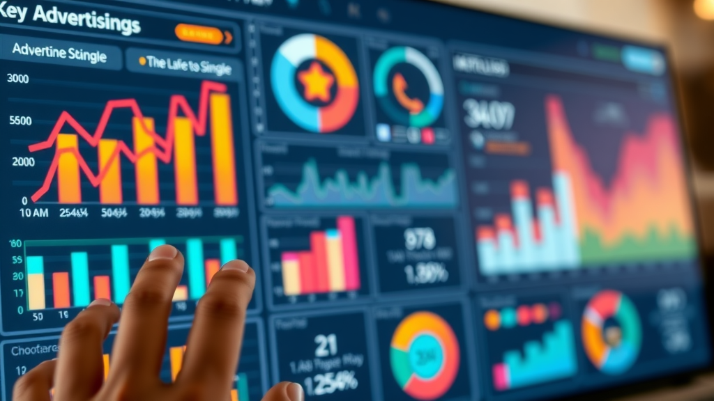 digital performance dashboard, online advertising metrics, colorful bar graphs, conversion funnels, measuring online advertising benefits