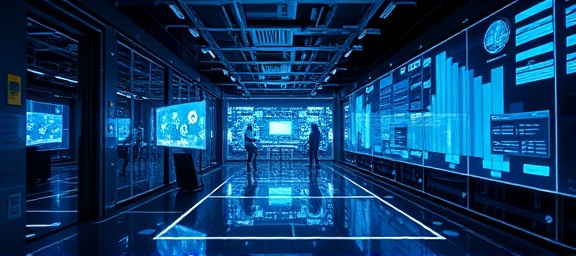 innovative media strategy, futuristic, redefining communication pathways, photorealistic, corporate environment with holographic displays, highly detailed, interactive interfaces, high contrast, electric blues, LED lighting, shot with a 40mm lens.
