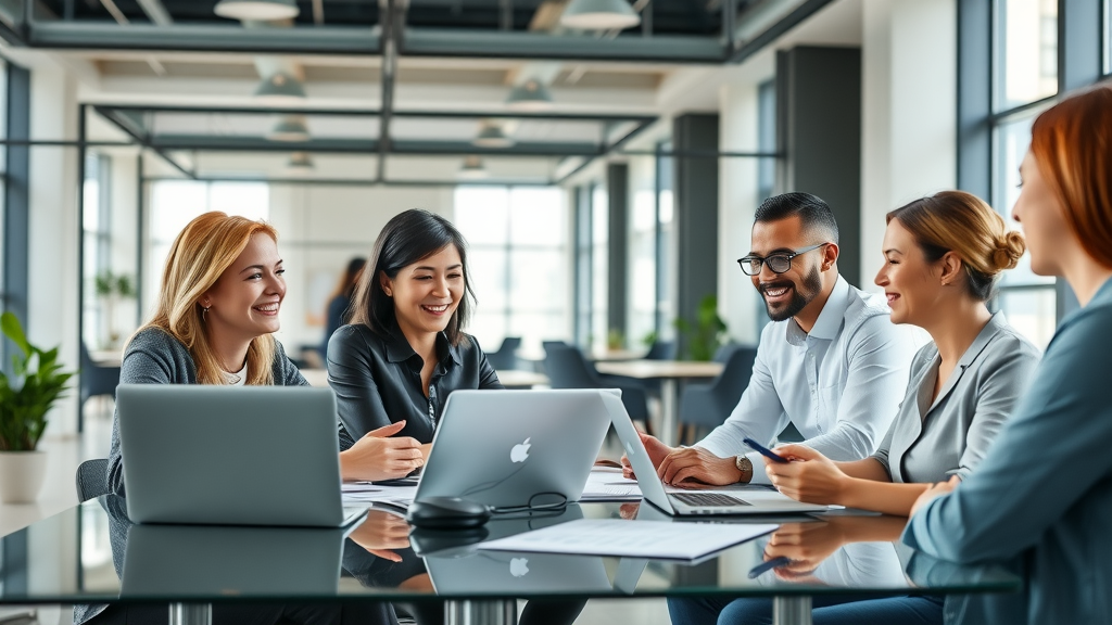 grow your business with a content hub, business team collaborating in a modern office workspace with digital devices