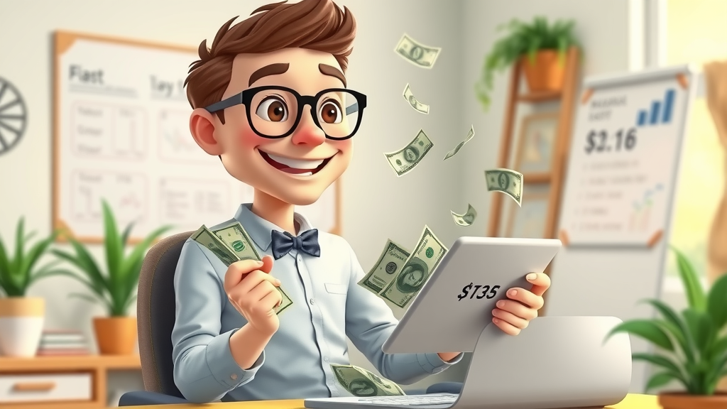 Optimistic freelancer checks blog earnings, illustrating potential to make $1000/month.