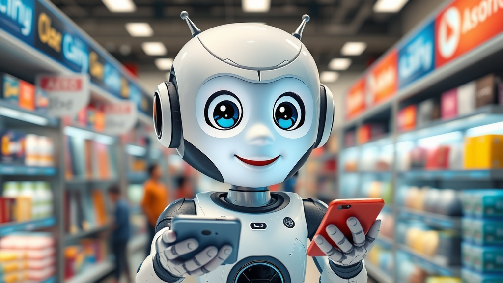 friendly AI chatbot assisting customers on mobile devices, retail background