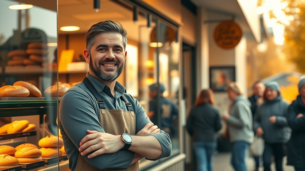 social media marketing local joyful bakery owner beside bustling storefront with happy customers