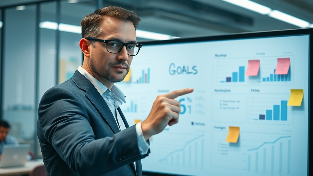 Community engagement strategy objectives: business strategist mapping goals on a digital whiteboard, virtual dashboards, sleek modern setting.