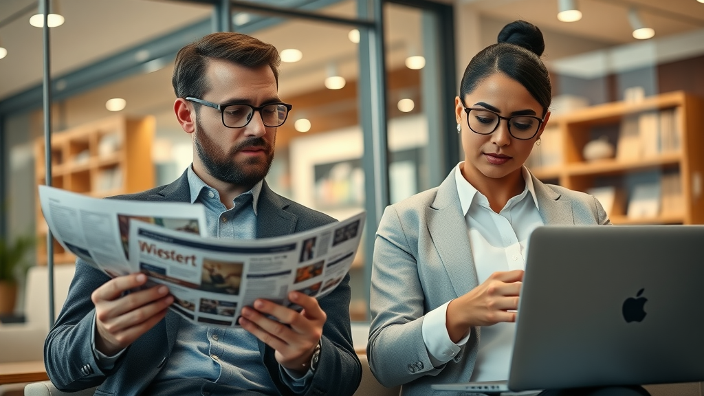local business owner contrasts traditional print ads and digital marketing with laptops in office and storefront