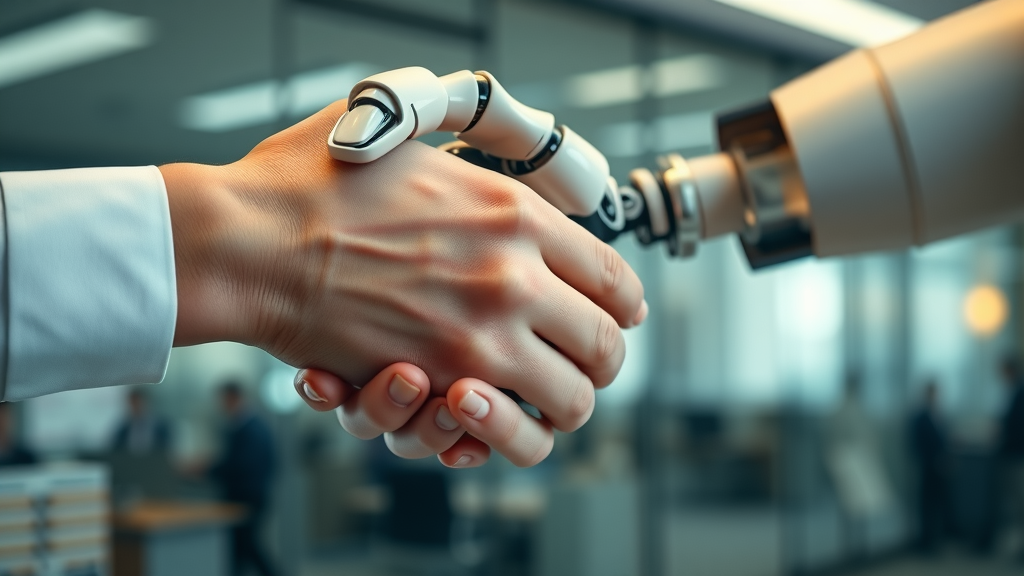 Human and AI robotic hand shaking, building trust in ai collaboration