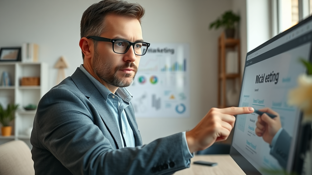 Motivated business owner developing a digital marketing strategy, surrounded by digital devices and diagrams on a strategy board