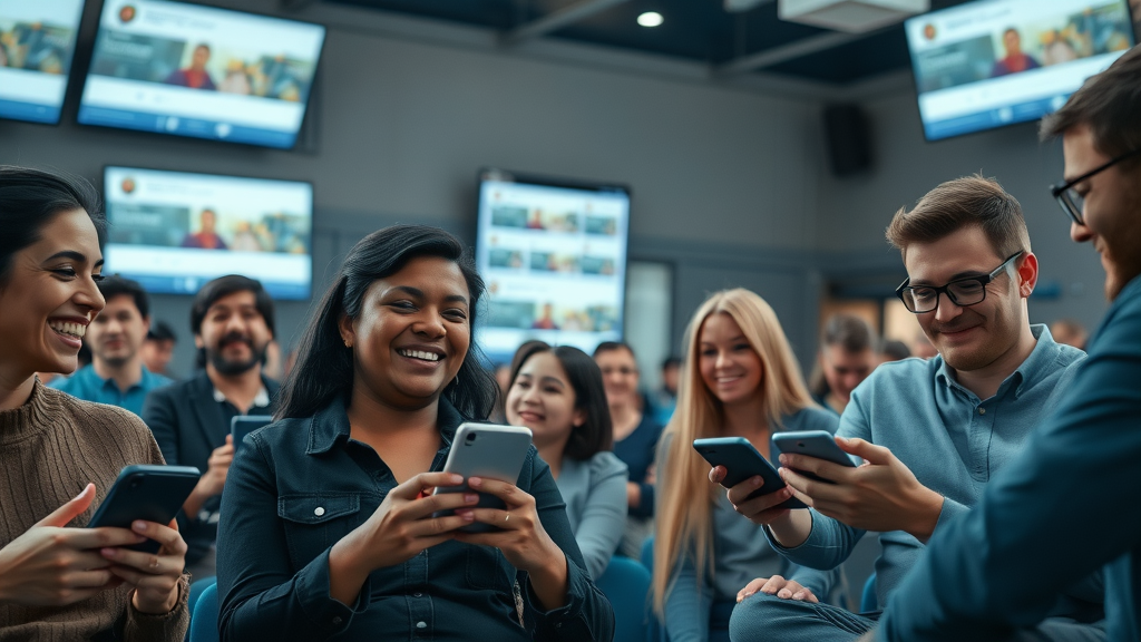Engaged audience with positive expressions interacting on social media, collaborative workspace showing live comments and social media engagement graphs.
