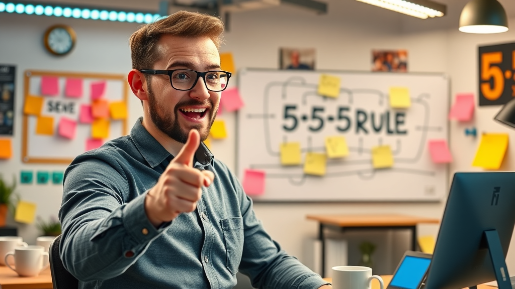 Social media strategy 5 5 5 rule, manager demonstrating engagement tactics for media site marketing strategy, dynamic office environment