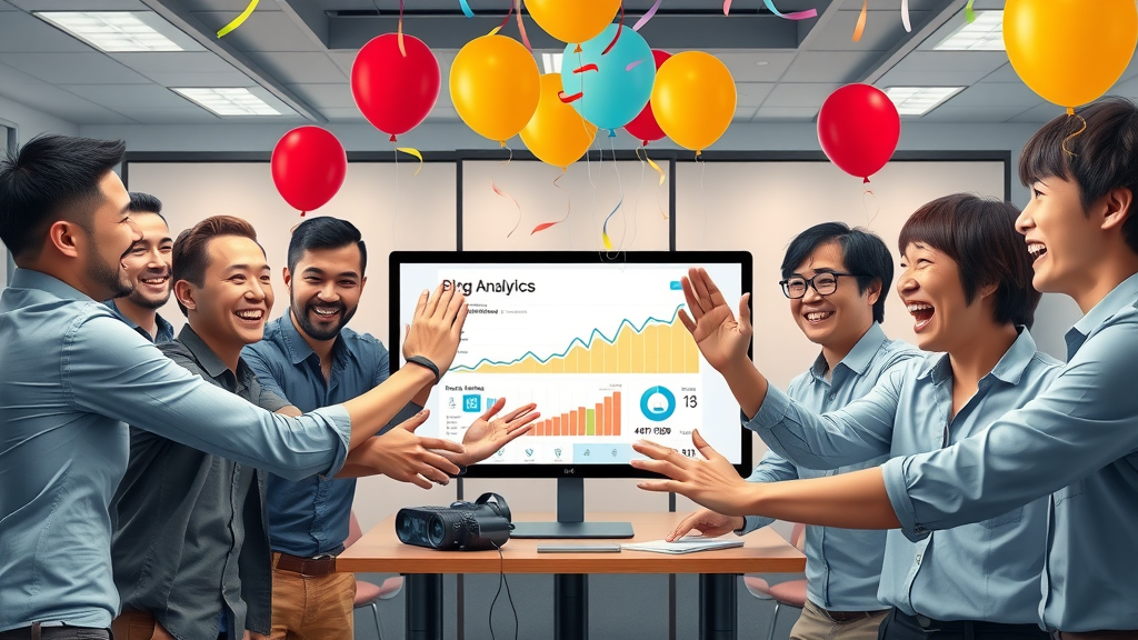 Celebratory small business team checking rising blog analytics using small business blogging strategies