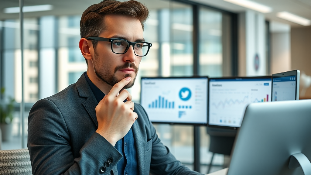 Modern marketer evaluating social media platforms, comparing features for optimal customer engagement via media sites in a digital workspace.