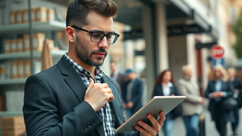 Small business owner analyzing local market data on tablet for local marketing ideas for small business