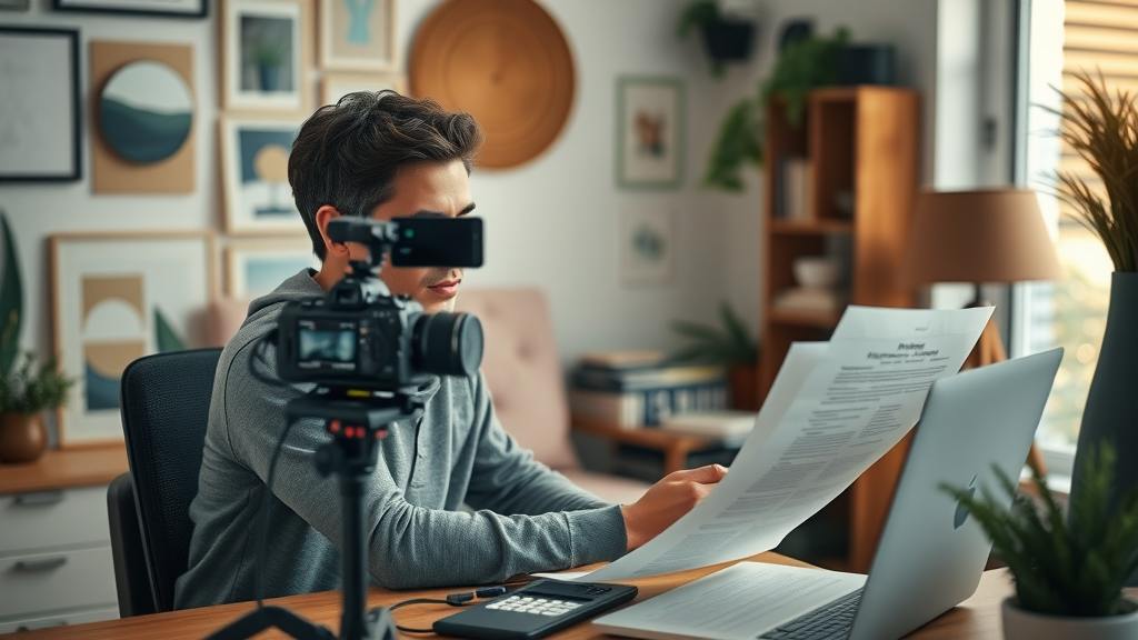content creator focused at desk recording video for business online presence blog