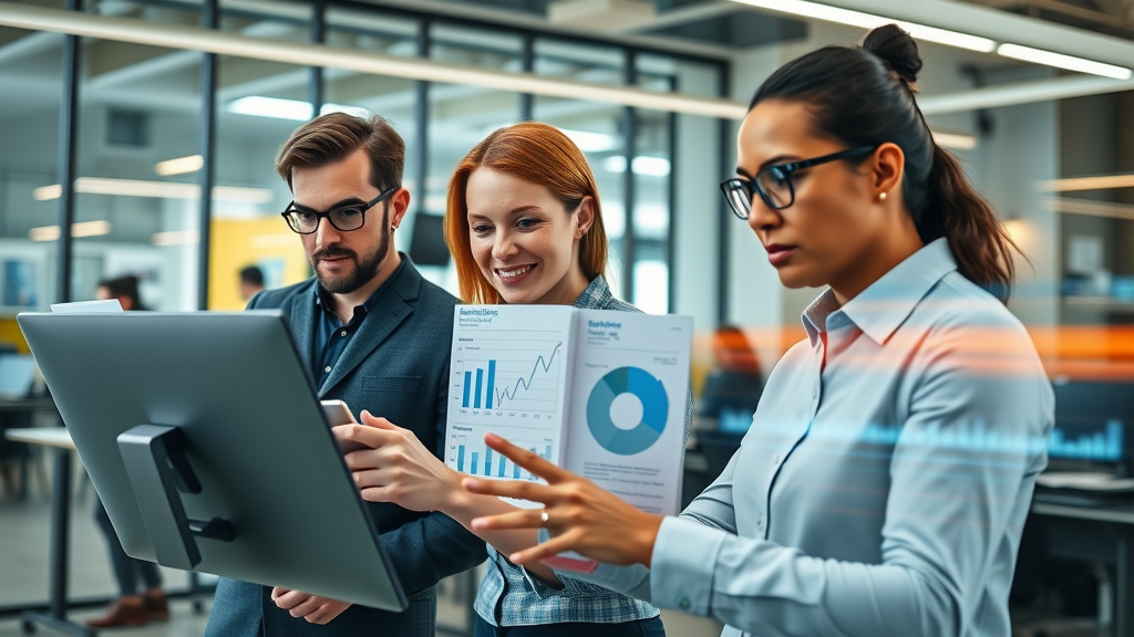dynamic marketing team analyzing AI content personalization data, modern open office, vibrant colors
