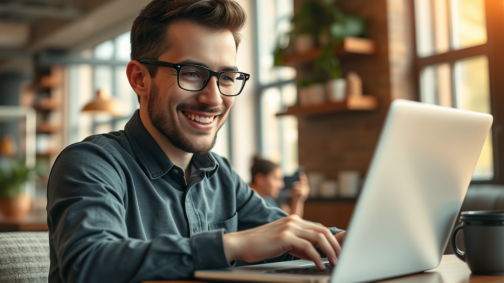 Happy marketer sending targeted email campaigns to engage potential customers and build loyalty, in a coffee shop setting with animated inbox and warm lighting